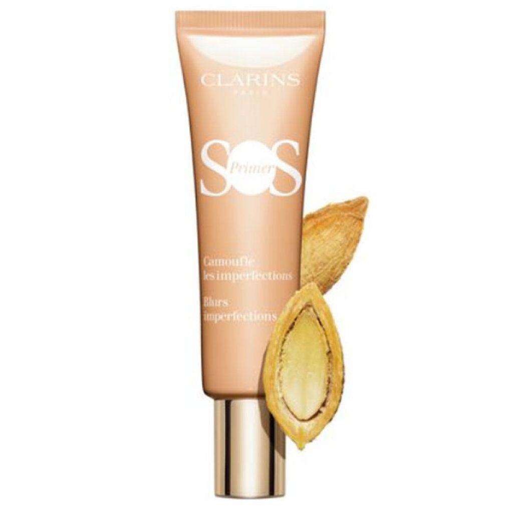 Tube CLARINS SOS Primer Peach mit Mandeln. Text: Camoufle les imperfections, blurs imperfections.