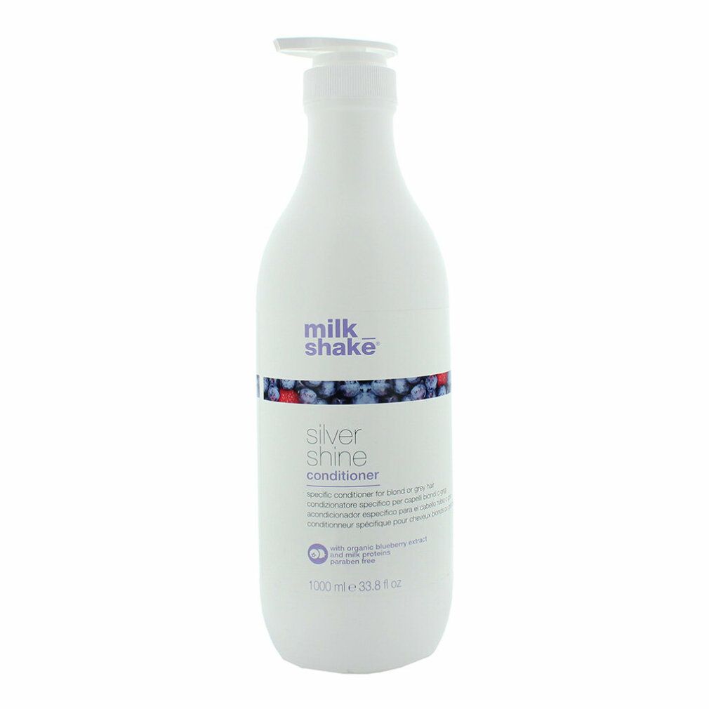 Weiße Flasche mit Pumpe. Aufschrift: milk_shake, Silver shine conditioner. Mit Blaubeerextrakt. 1000 ml.