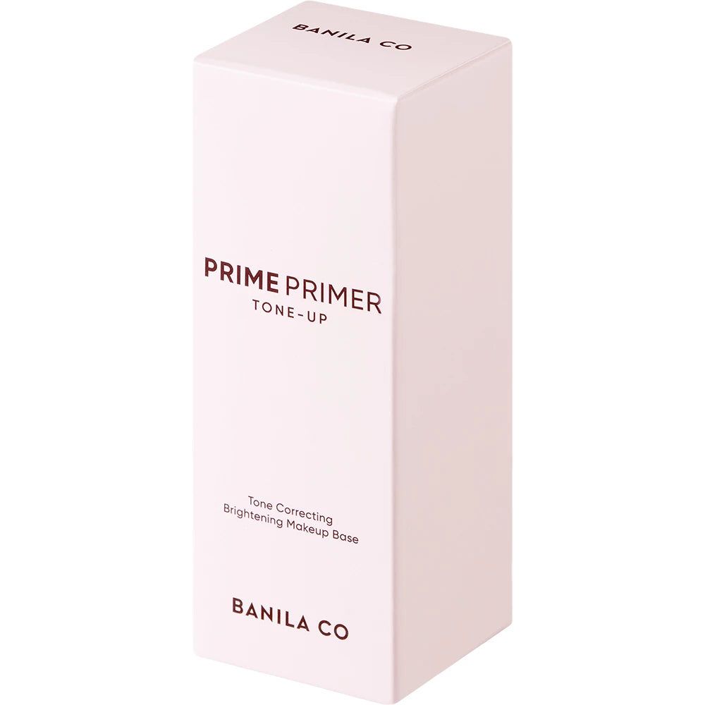 Weiße Verpackung mit Aufschrift: PRIME PRIMER TONE-UP, BANILA CO. Text: Tone Correcting Brightening Makeup Base.