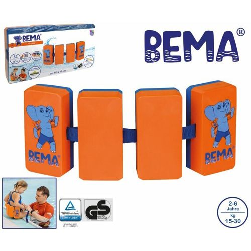 Schwimmgürtel mit orangefarbenen Schwimmkörpern, blauem Gurt und Elefanten-Illustration. Verpackung mit Logo und Zertifizierungen.