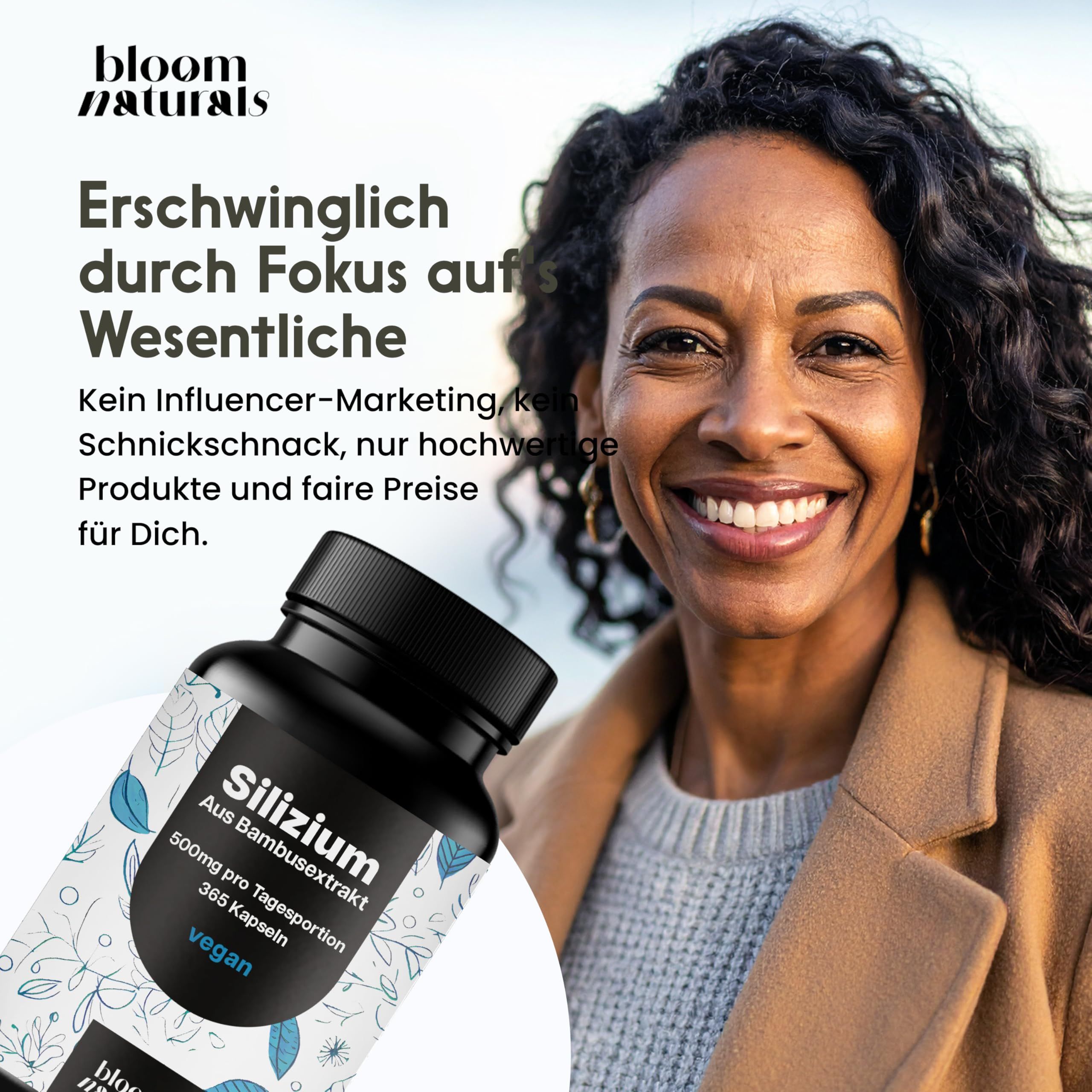 Frau mit Flasche. Text: Erschwinglich durch Fokus auf Wesentliche. Kein Influencer-Marketing, nur hochwertige Produkte und faire Preise.