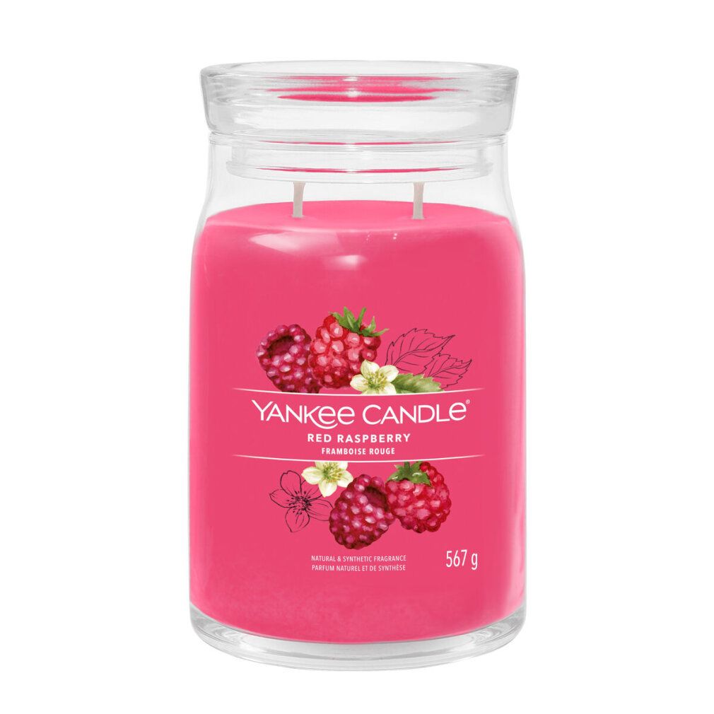 Rote Duftkerze im Glas mit Deckel. Aufschrift: Red Raspberry. Abbildung von Himbeeren. 567 g.