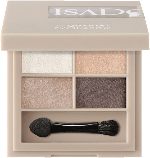 IsaDora Lidschatten-Quartett mit Applikator. Vier Farbtöne. Beige Verpackung. Text: The QUARTET EYESHADOW.