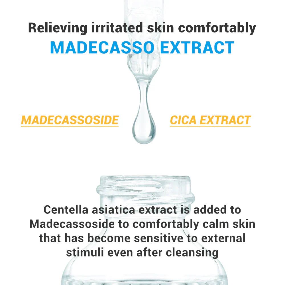 Tropfen Madecassosid und Cica-Extrakt. Text: Centella Asiatica-Extrakt beruhigt empfindliche Haut nach der Reinigung.