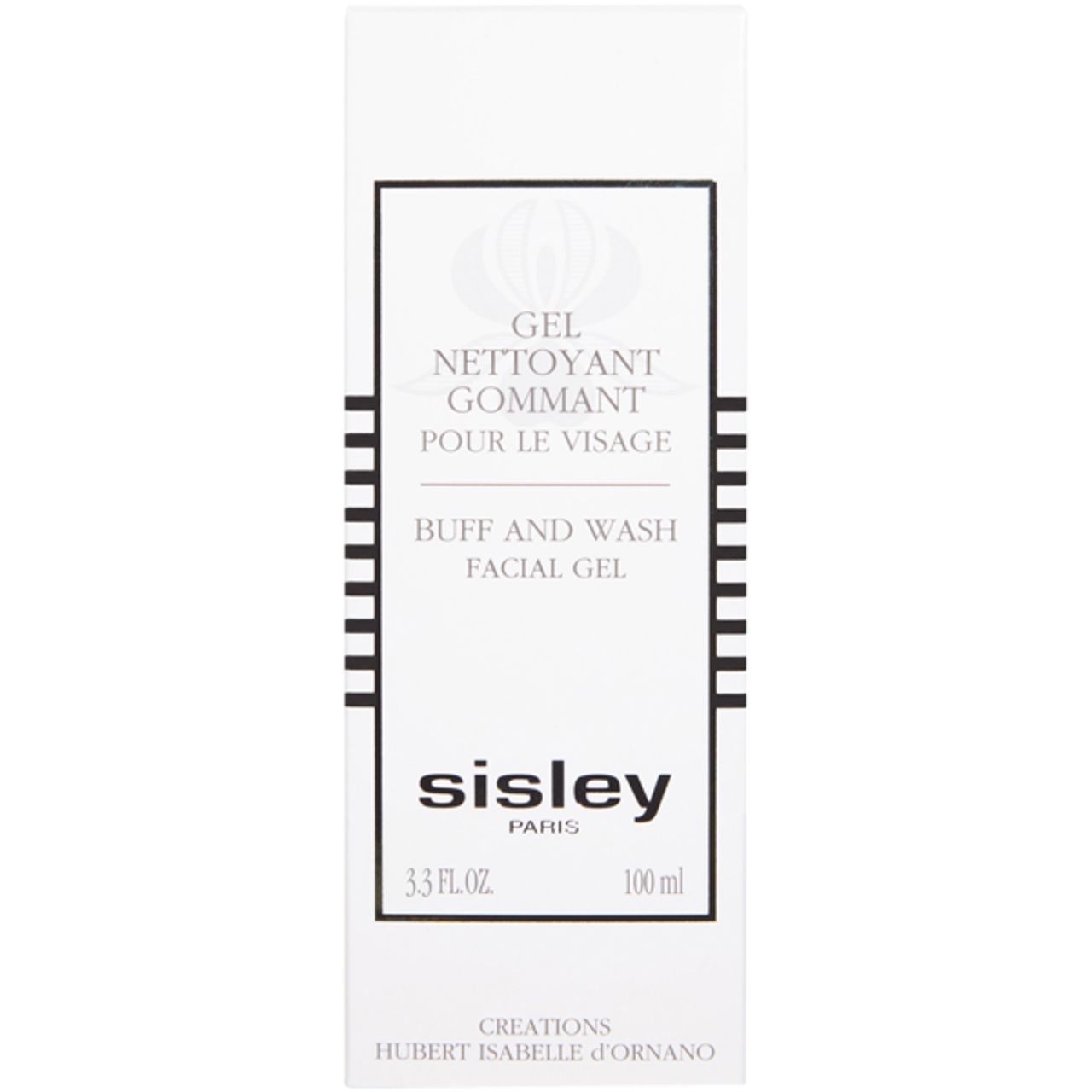 Weiße Verpackung mit Produktinformationen. Beschriftung: Gel Nettoyant Gommant, Buff and Wash Facial Gel, Sisley Paris. Nettoinhalt 100 ml.