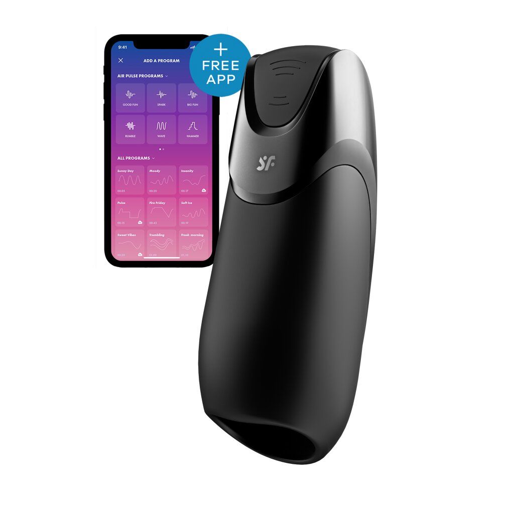 Wellness-Produkt mit Smartphone-App. Schwarzes Produkt mit abgerundeter Form. App-Oberfläche auf dem Smartphone.