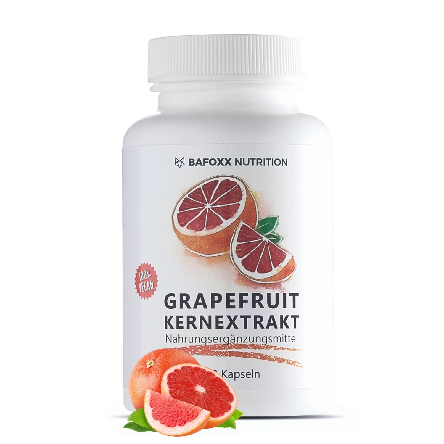 BAFOXX Nutrition® Kapseln. Weiße Flasche mit Kapseln und Grapefruit. Text: Grapefruit Kernextrakt. 100% vegan.