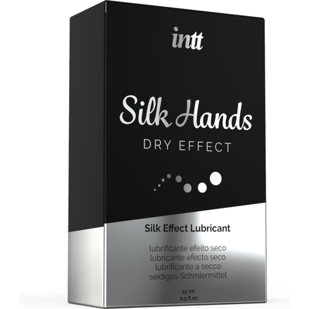 Schwarze Verpackung mit "Silk Hands Dry Effect" und Text in mehreren Sprachen. Silberne Akzente.