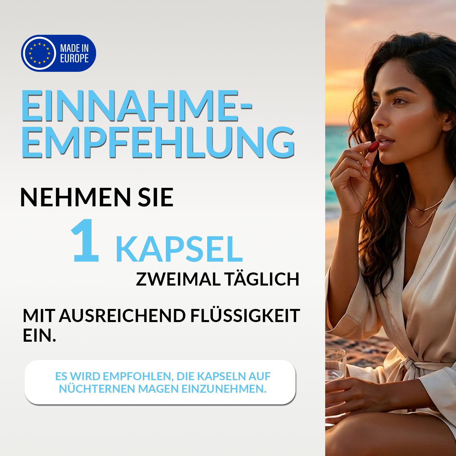 Einnahmeempfehlung: 1 Kapsel zweimal täglich mit Flüssigkeit einnehmen.