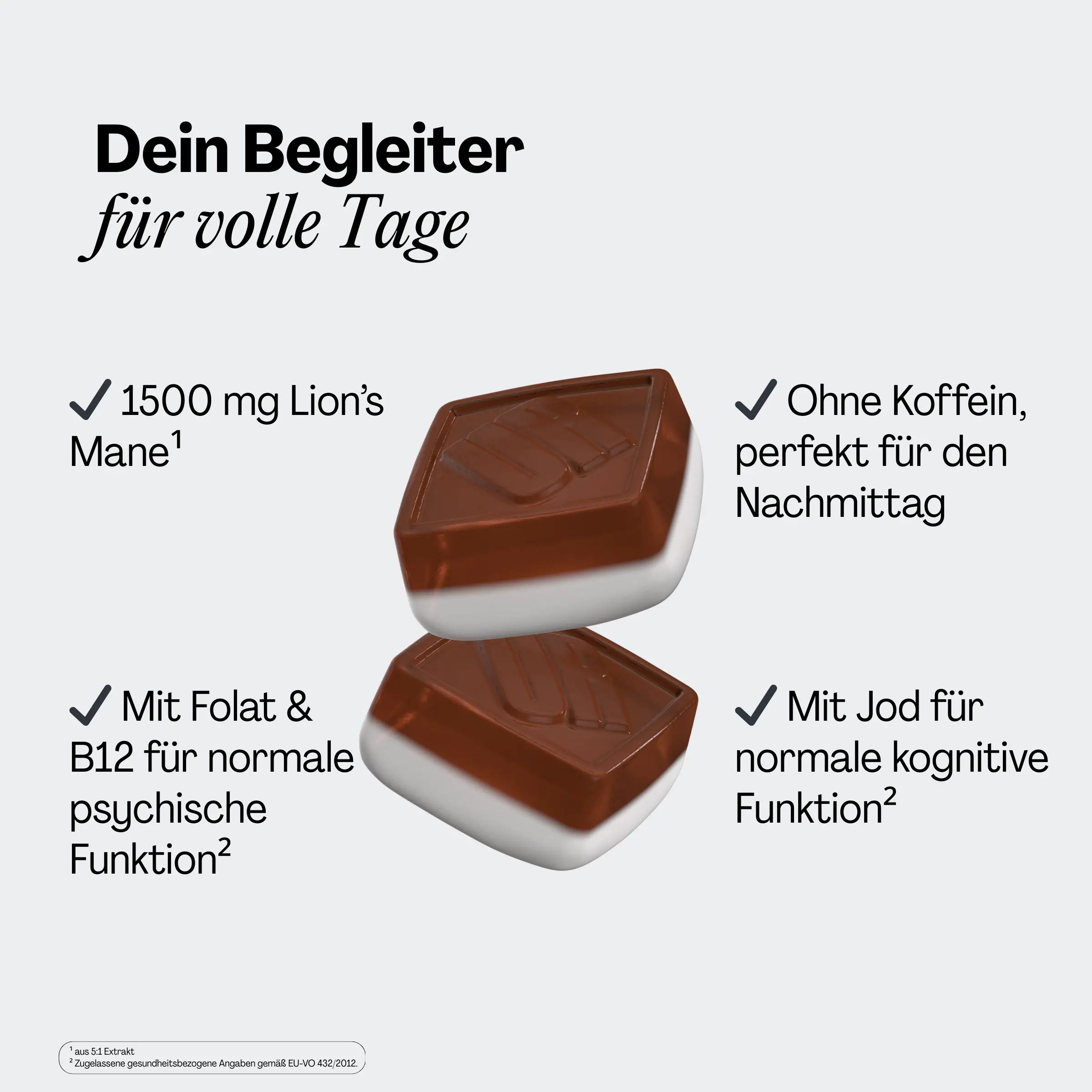 Zwei Gummibärchen, braun und weiß. Text: 1500 mg Lion's Mane, Ohne Koffein, Mit Folat & B12, Mit Jod.