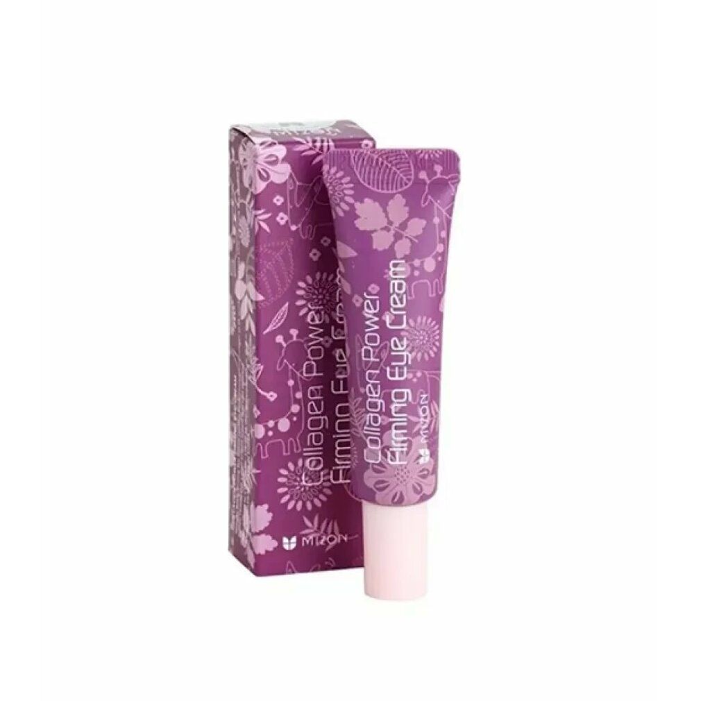 Lila Tube MIZON Collagen Power Firming Eye Cream und Verpackung. Floralmuster. Rosa Kappe. Text: Collagen Power Firming Eye Cream.