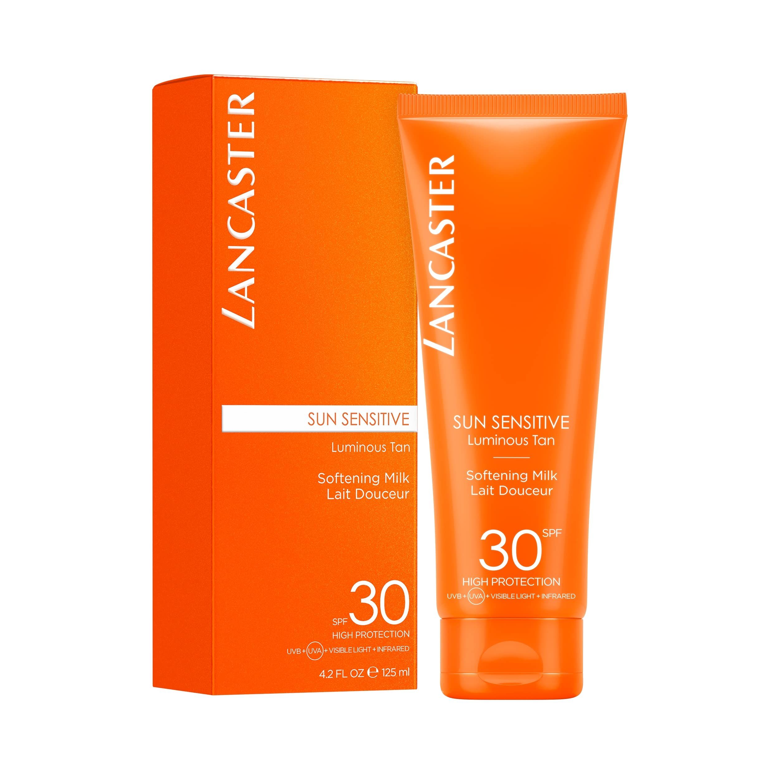 Orange Tube und Schachtel. Lancaster Sun Sensitive Luminous Tan SPF 30. Milch. 4,2 fl oz.