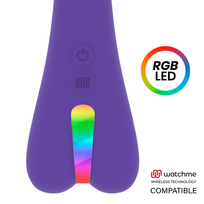 Nahaufnahme eines violetten Stimulators mit RGB-LED-Beleuchtung. Logo von Watchme Wireless Technology Compatible.