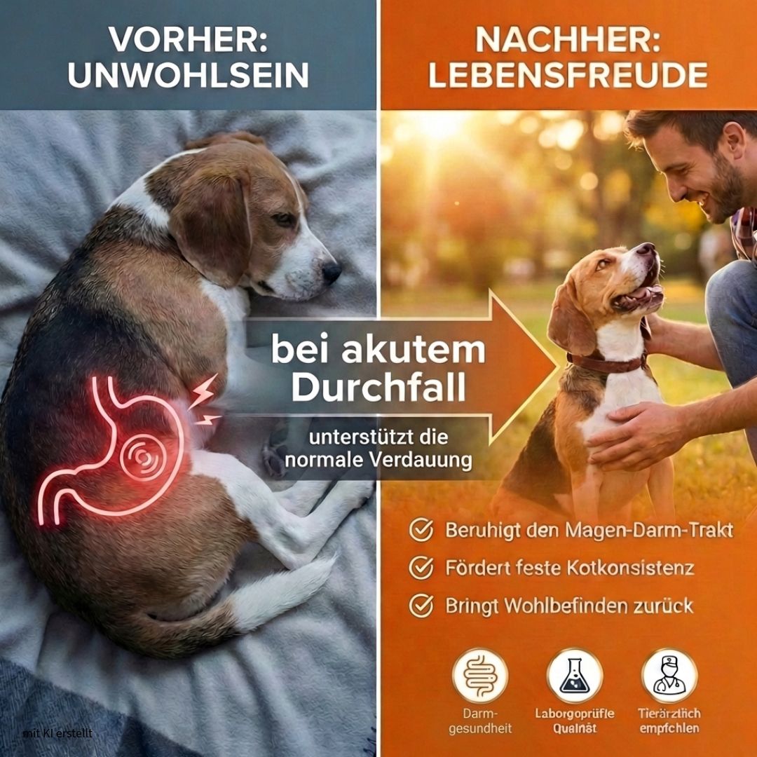 Ein Hund mit Bauchschmerzen, daneben ein glücklicher Hund mit seinem Besitzer. Text: Unwohlsein, Lebensfreude, bei akutem Durchfall.