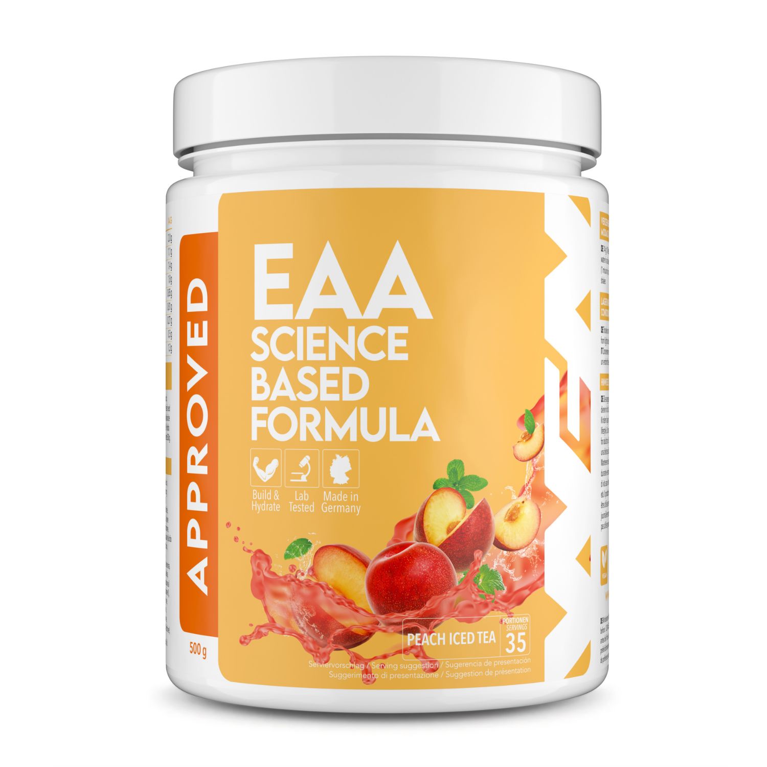 Weißes Produktglas mit gelbem Etikett. Aufschrift: EAA Science Based Formula. Abbildung von Pfirsichen. Logo: WFN Approved. 500g.