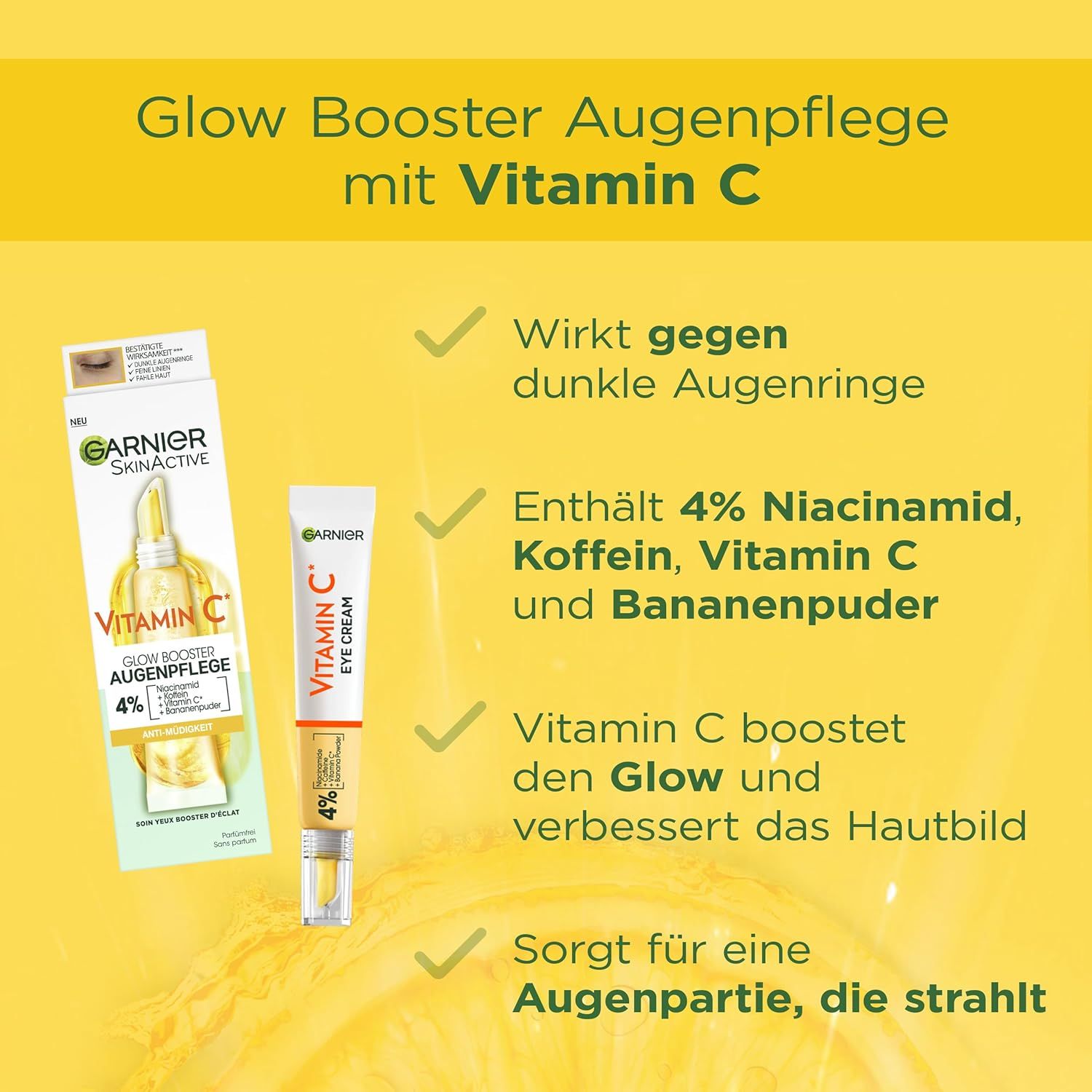 Gelber Hintergrund mit Text: Glow Booster Augenpflege mit Vitamin C. Text über Wirkung gegen Augenringe, Inhaltsstoffe und Glow.