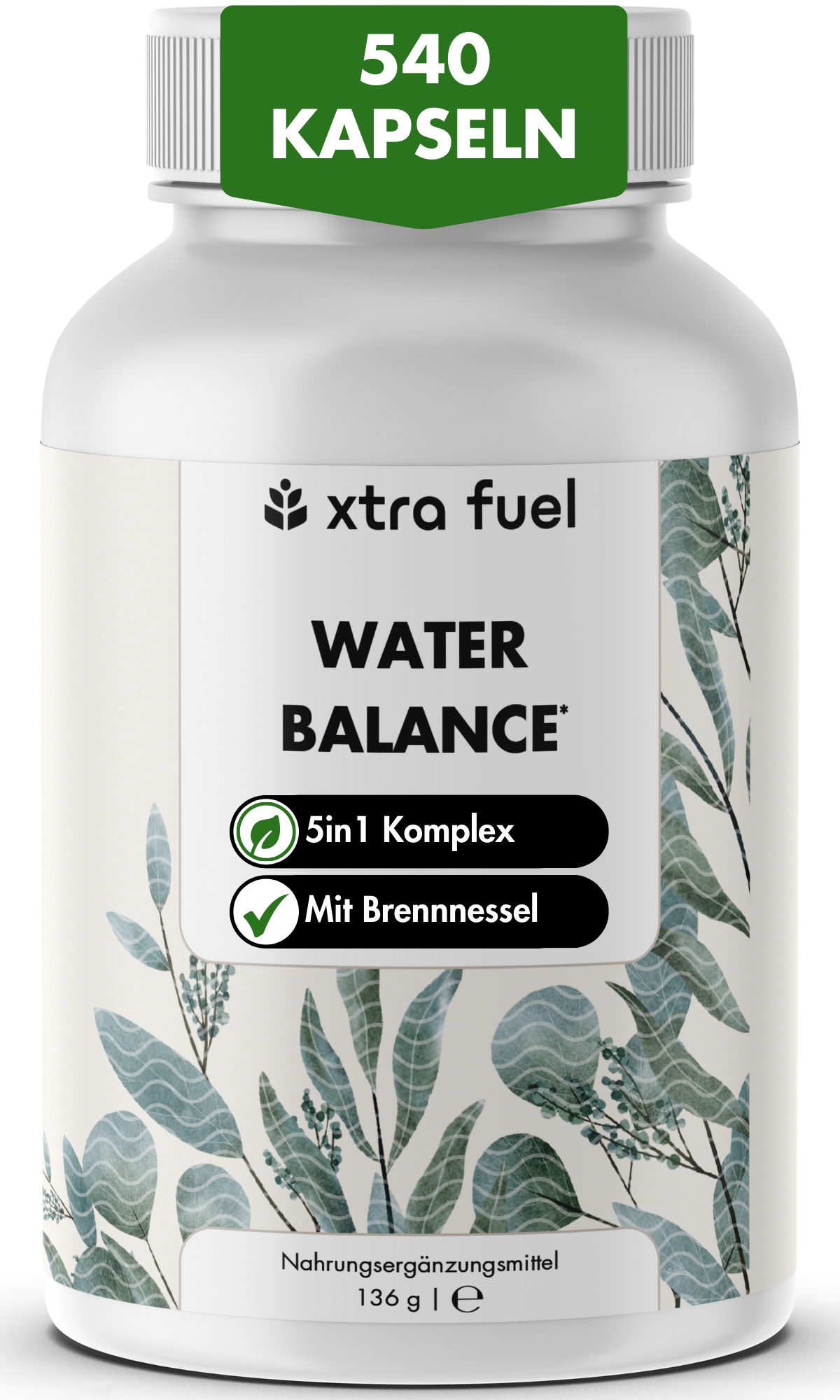 Weiße Flasche mit Kapseln. Aufschrift: XTRA FUEL WATER BALANCE, 5in1 Komplex, Mit Brennnessel. 540 Kapseln.