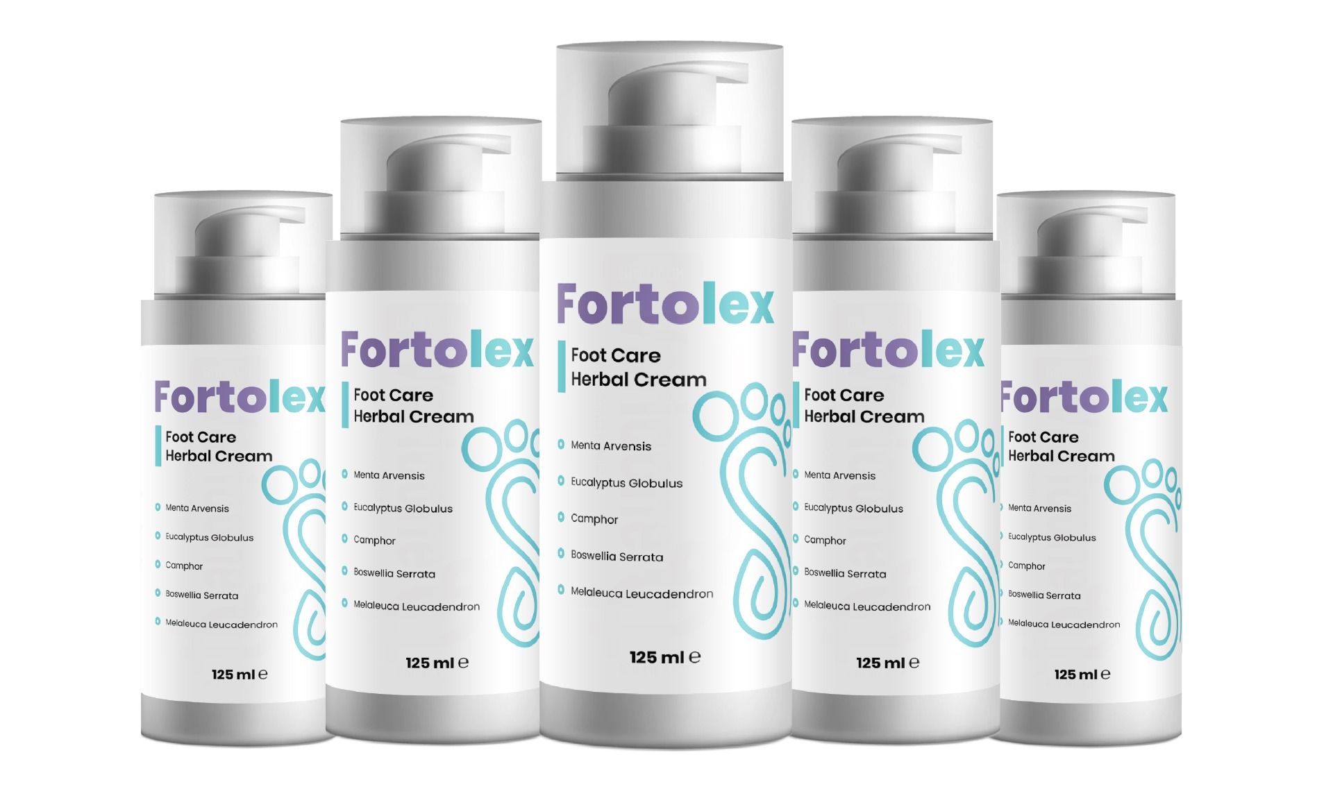 Fünf weiße Flaschen mit Pumpverschluss. Aufschrift: Fortolex Foot Care Herbal Cream. Fußabdruck-Logo. 125 ml.