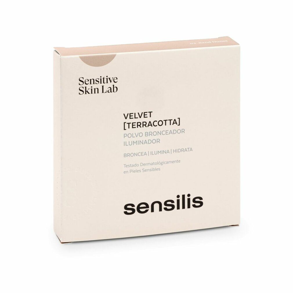 Kartonverpackung, weiß mit Text. Enthält Sensilis Velvet Terracota. Text: Bronzer, Illuminator, Hydratation. Marke Sensilis.