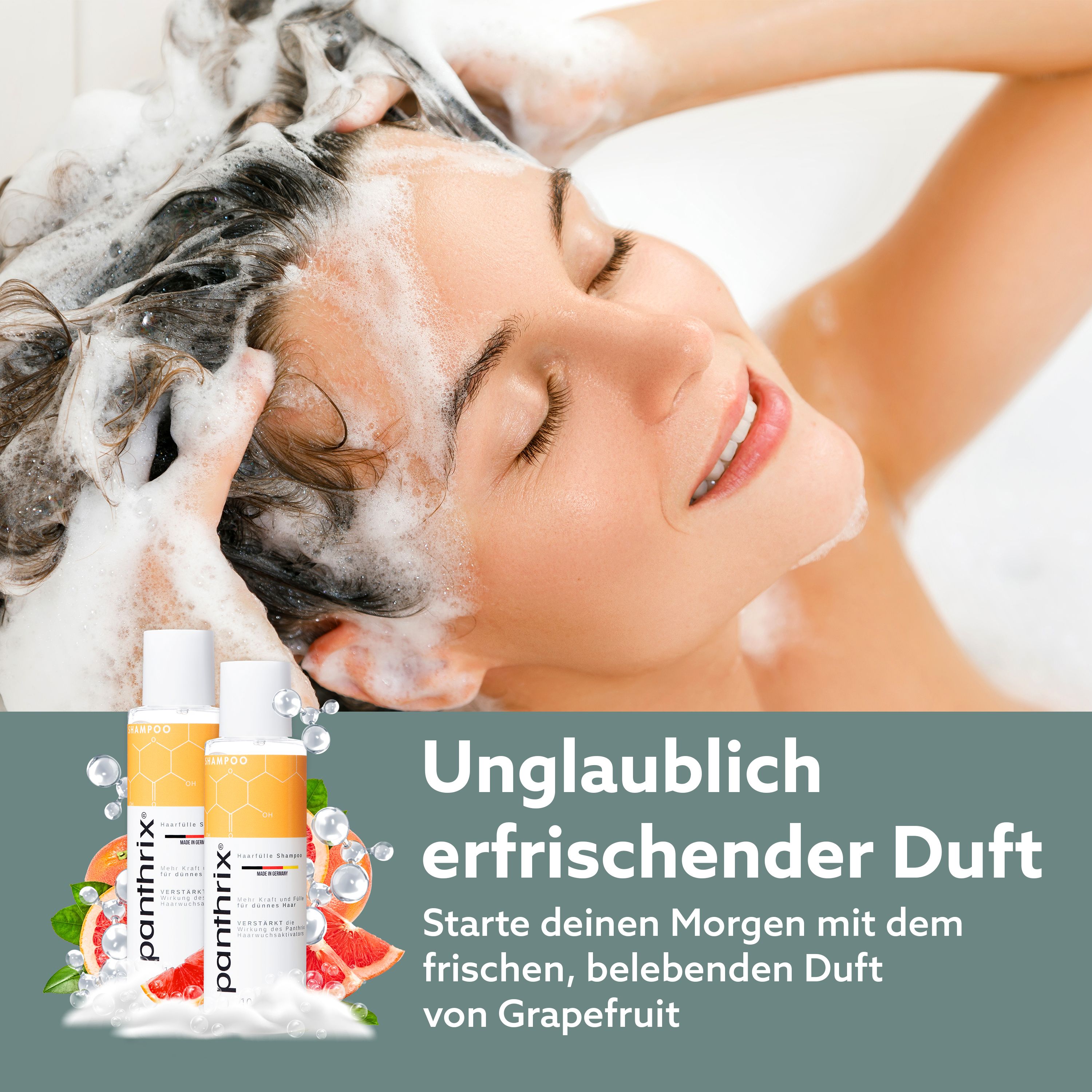 Femme se lave les cheveux dans la baignoire. Deux flacons de shampooing avec logo Panthrix. Texte : Parfum incroyablement rafraîchissant.