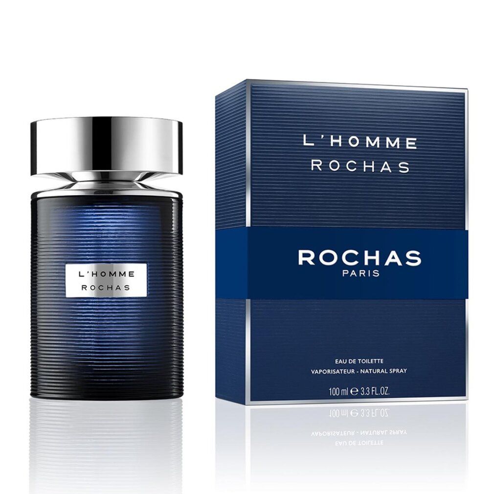Blauer Flakon und Schachtel. Aufschrift: L'HOMME ROCHAS. Eau de Toilette. 100 ml.
