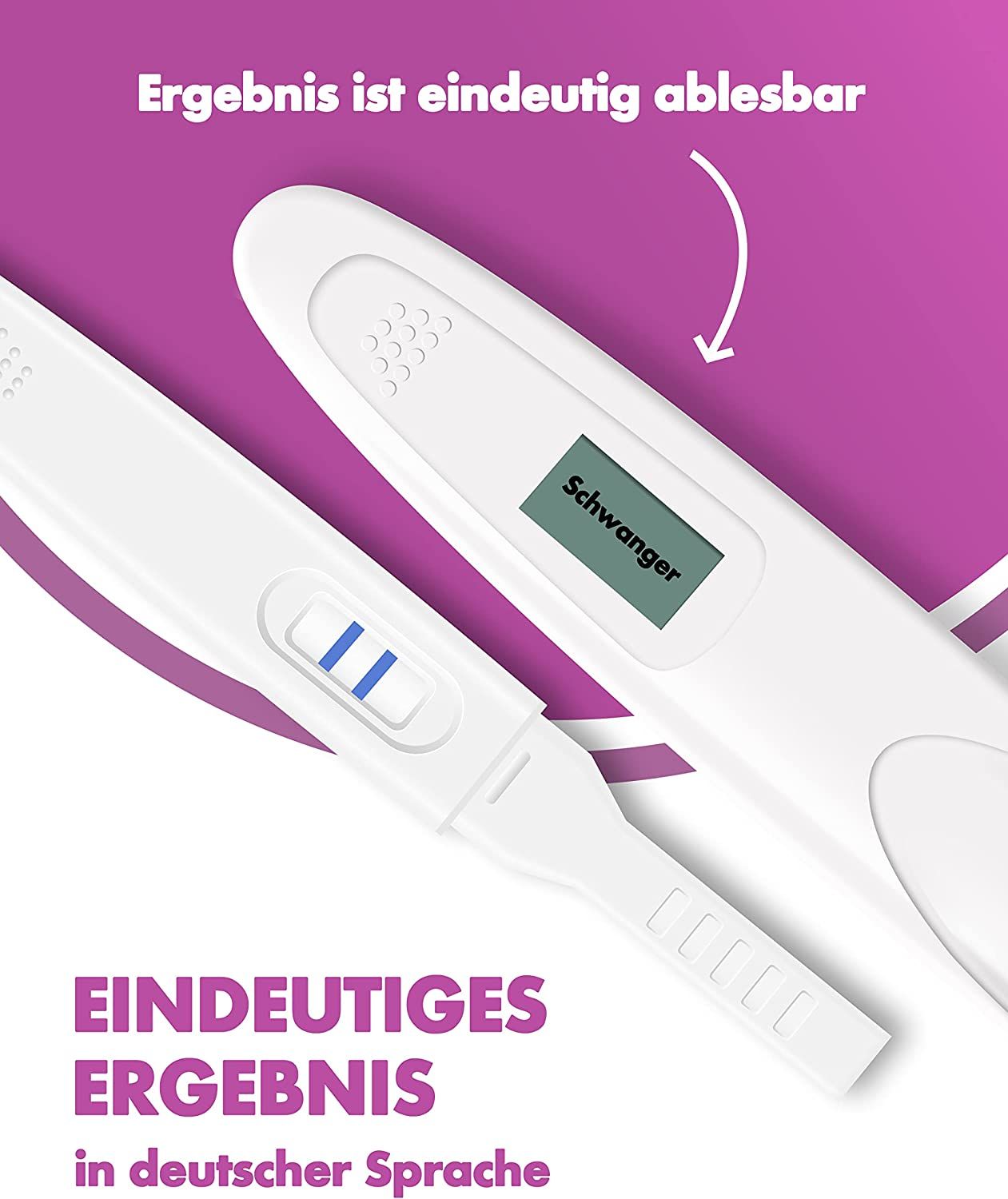 Digitaler Schwangerschaftstest mit Anzeige "schwanger". Deutliches Ergebnis in deutscher Sprache. Zwei Tests.
