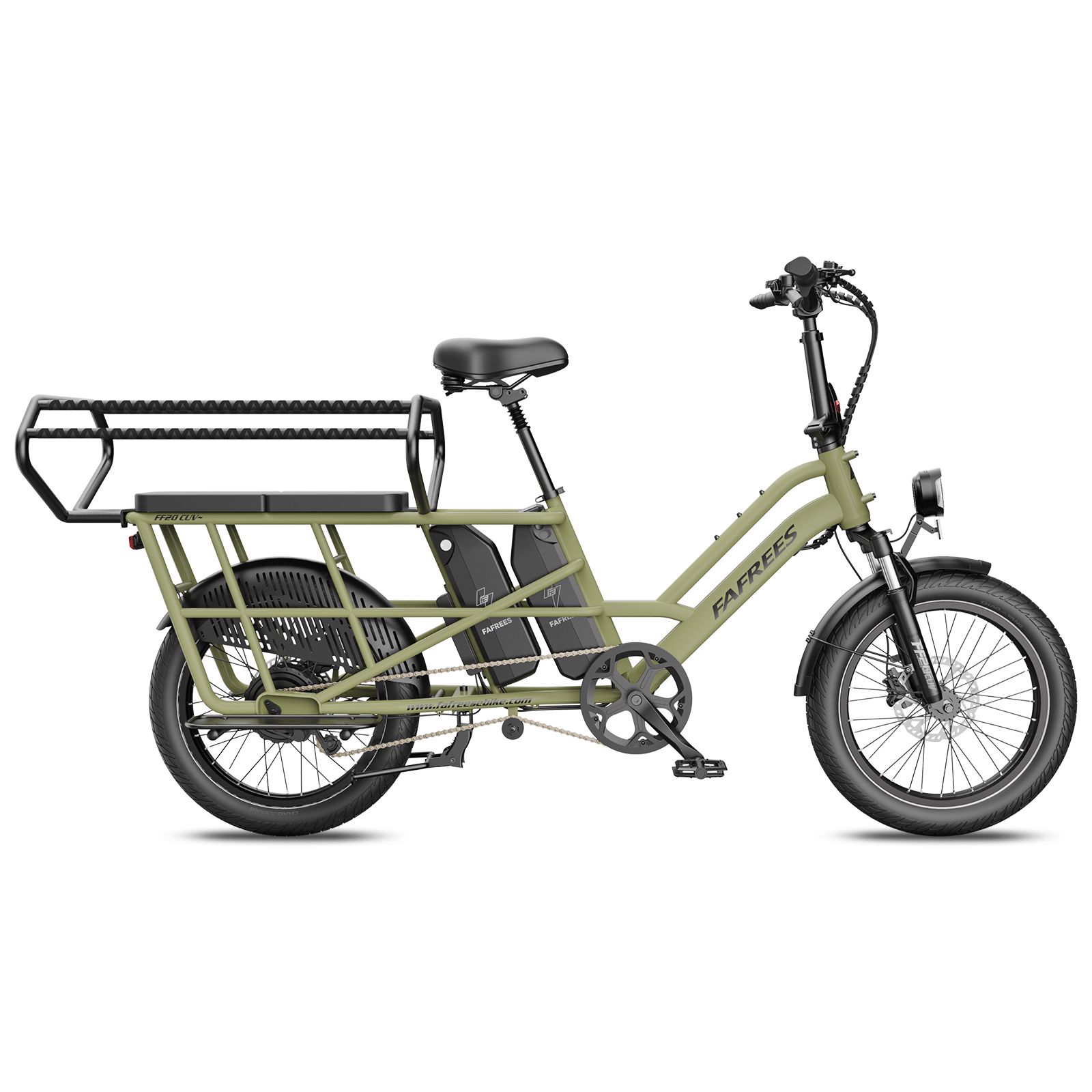 Grünes Elektro-Lastenrad, Seitenansicht, mit zwei Akkus und großem Gepäckträger.