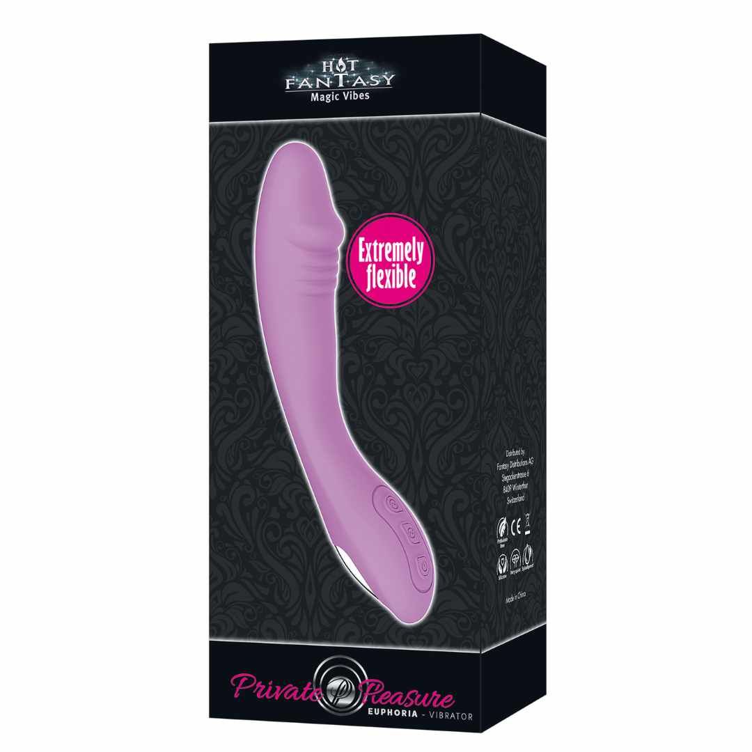Verpackung mit lila Vibrator. Aufschrift: Hot Fantasy, Extremely flexible, Private Pleasure. Schwarzer Hintergrund.