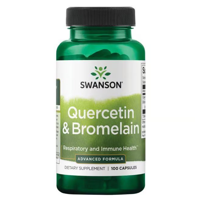 Grüne Flasche mit schwarzem Deckel. Etikett mit "SWANSON", "Quercetin & Bromelain" und "100 Kapseln".