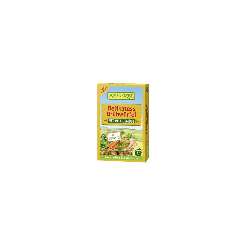 Gelbe Verpackung "Rapunzel Delikatess Brühwürfel". Text: "Mit viel Gemüse". Abgebildet: Gemüsekorb.