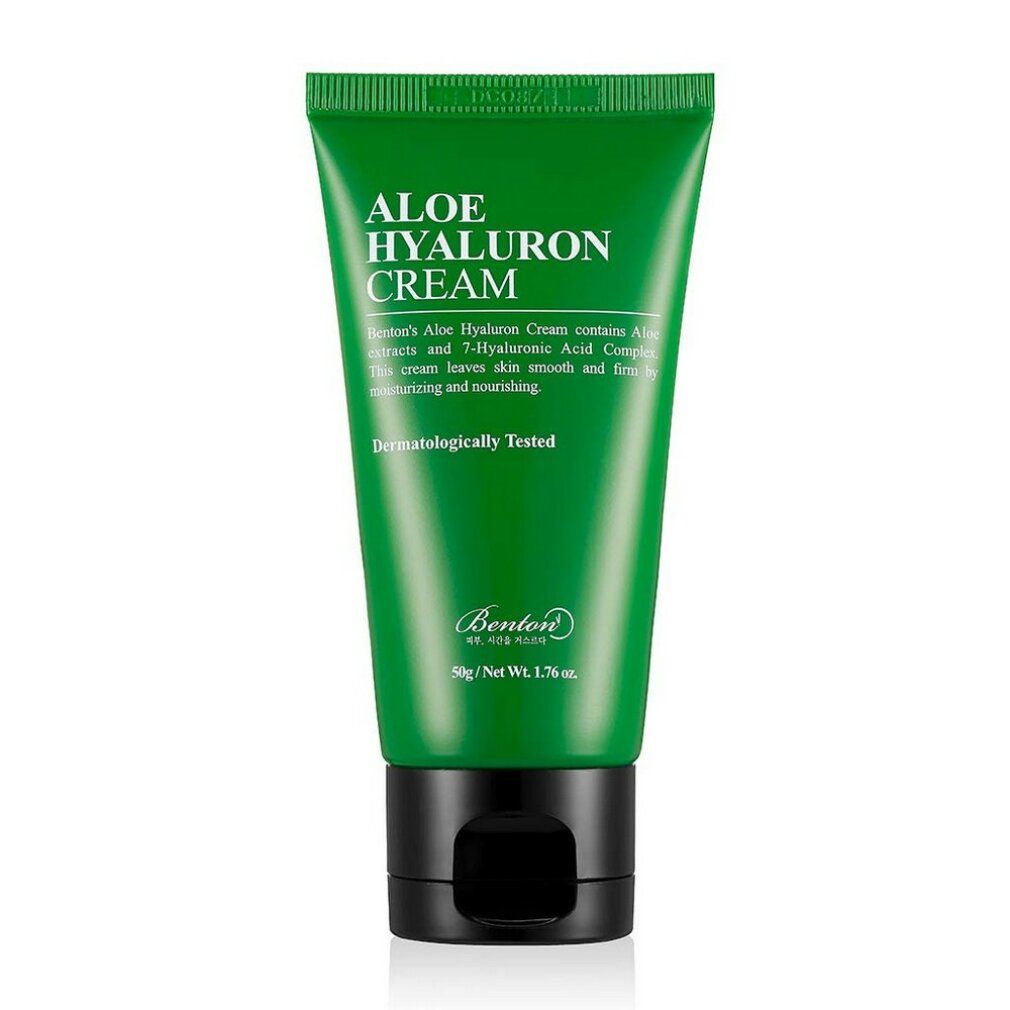 Grüne Tube mit Aufschrift Aloe Hyaluron Cream. Schwarzer Deckel. Text: Dermatologisch getestet. Marke Benton.