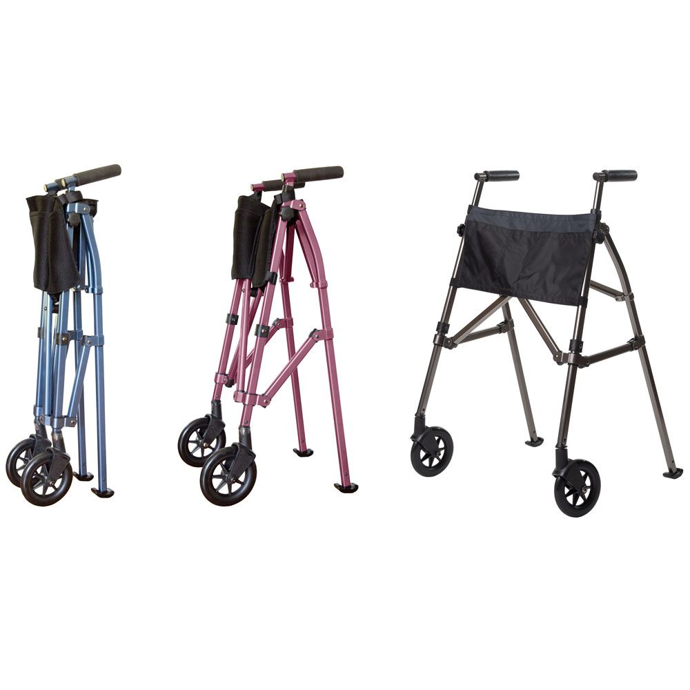 Drei FOLDY Walker Gehgestelle: blau, rosa und schwarz. Gefaltet und offen.