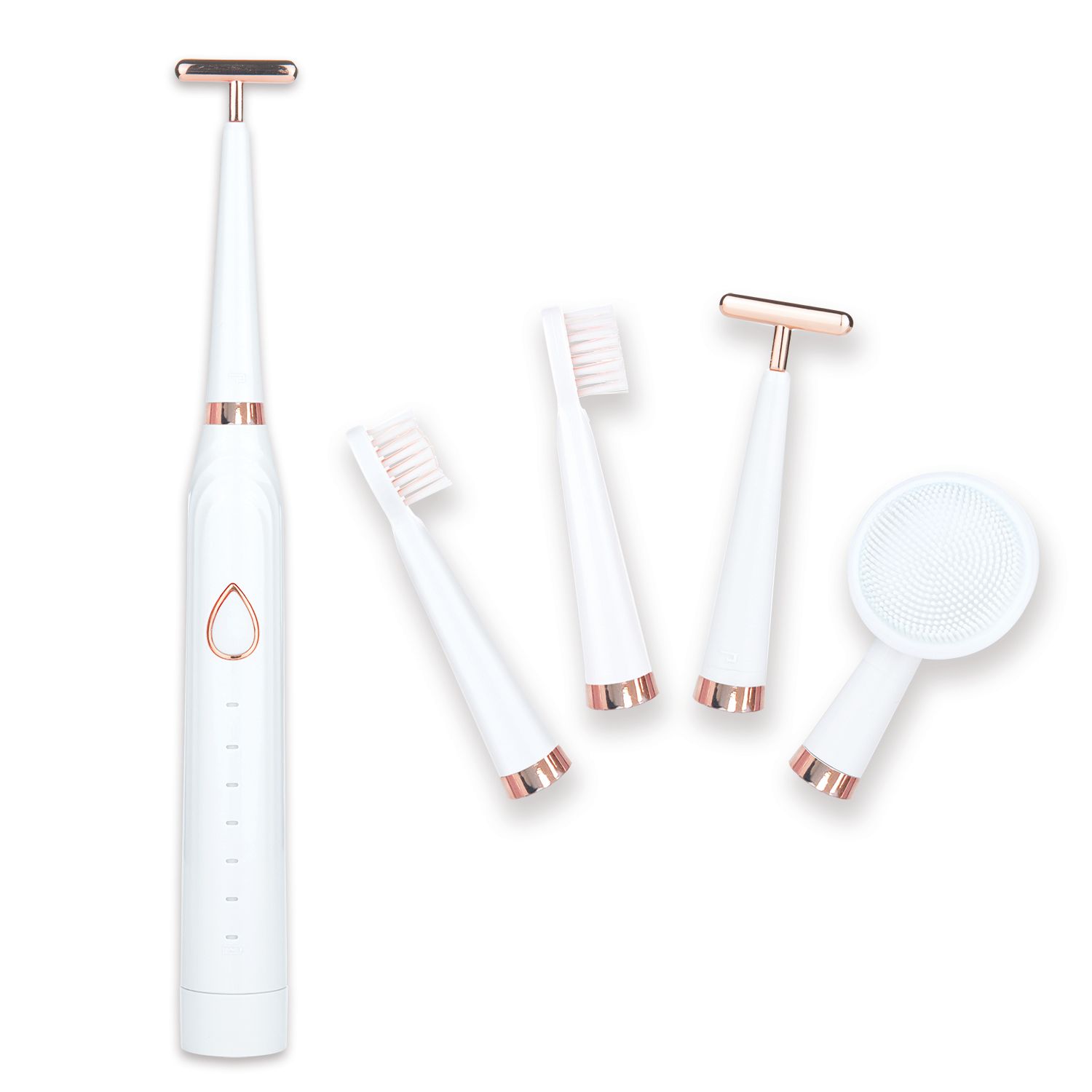Weißes, roségoldfarbenes 3-in-1-Ultraschall-Gesichts- und Zahnpflegeset. Enthält eine Basis, Bürstenköpfe, einen Rasierer und eine Gesichtsreinigungsbürste.