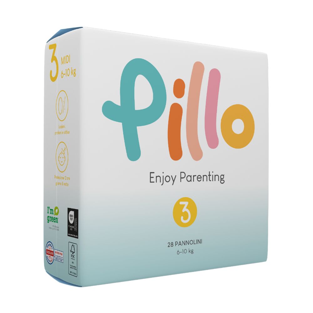 Windelpackung, Größe 3 Midi, 6-10 kg. Aufschrift: Pillo, Enjoy Parenting, 28 Pannioli.