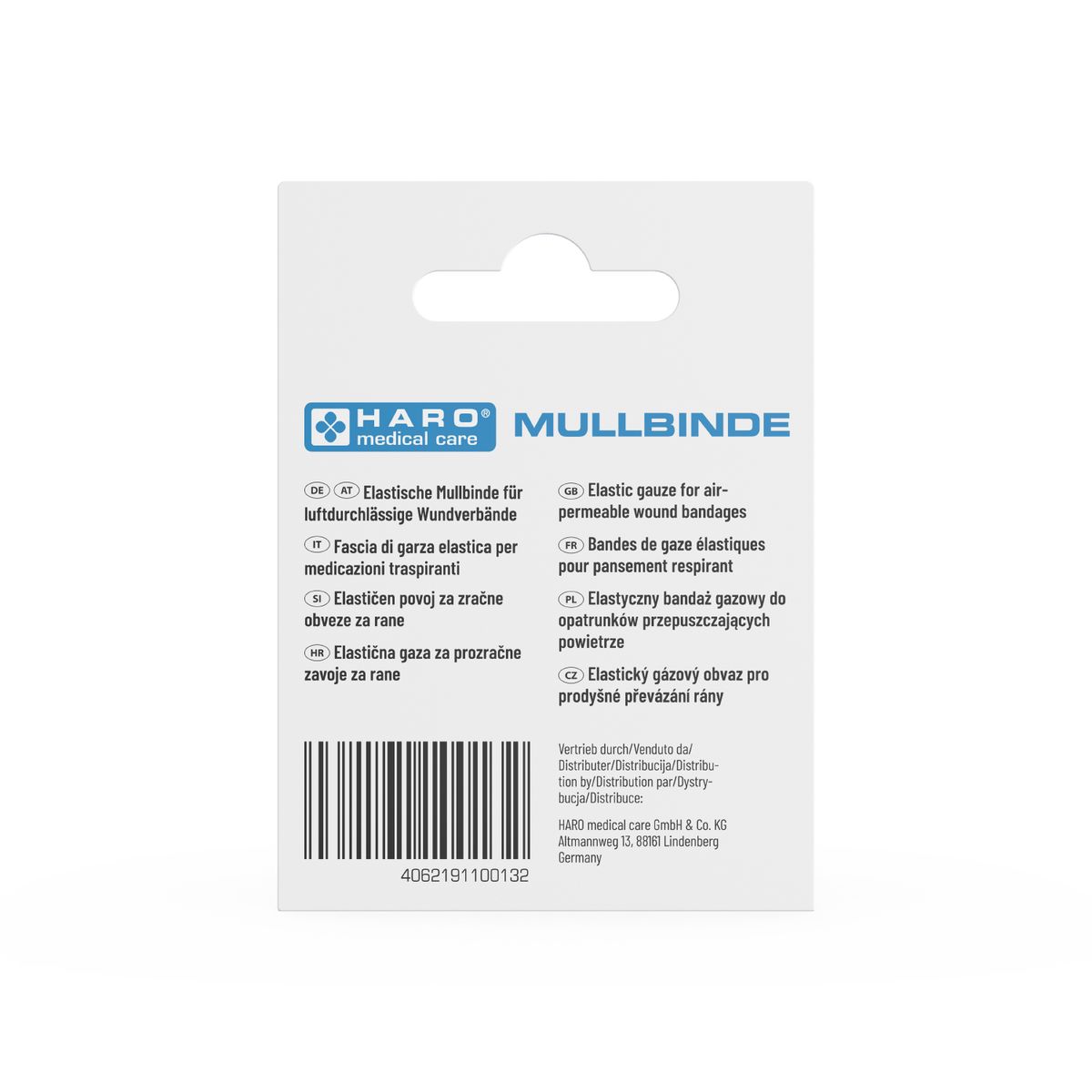 Rückseite der Haro Mullbinde Verpackung. Produktname und Logo. Mehrsprachige Beschreibungen und Barcode.