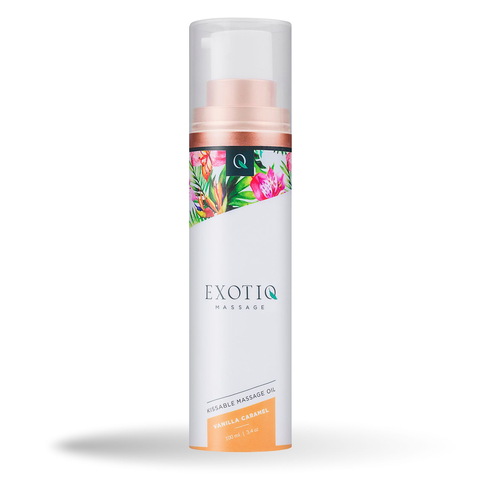 Weiße Flasche Massageöl mit floralem Design und goldfarbenem Ring. Transparenter Deckel. Aufschrift: Exotiq Massage, Vanilla Caramel.