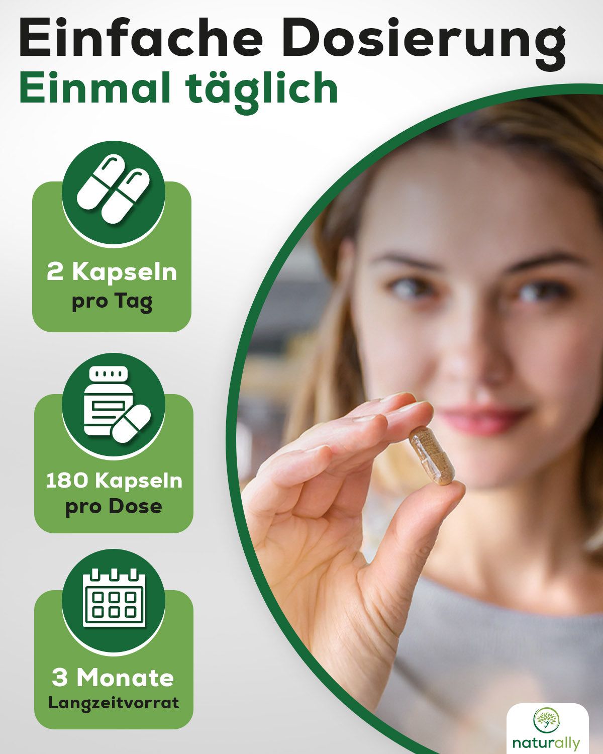 Frau hält Kapsel. Text: Einfache Dosierung. 2 Kapseln pro Tag, 180 Kapseln pro Dose, 3 Monate Vorrat.