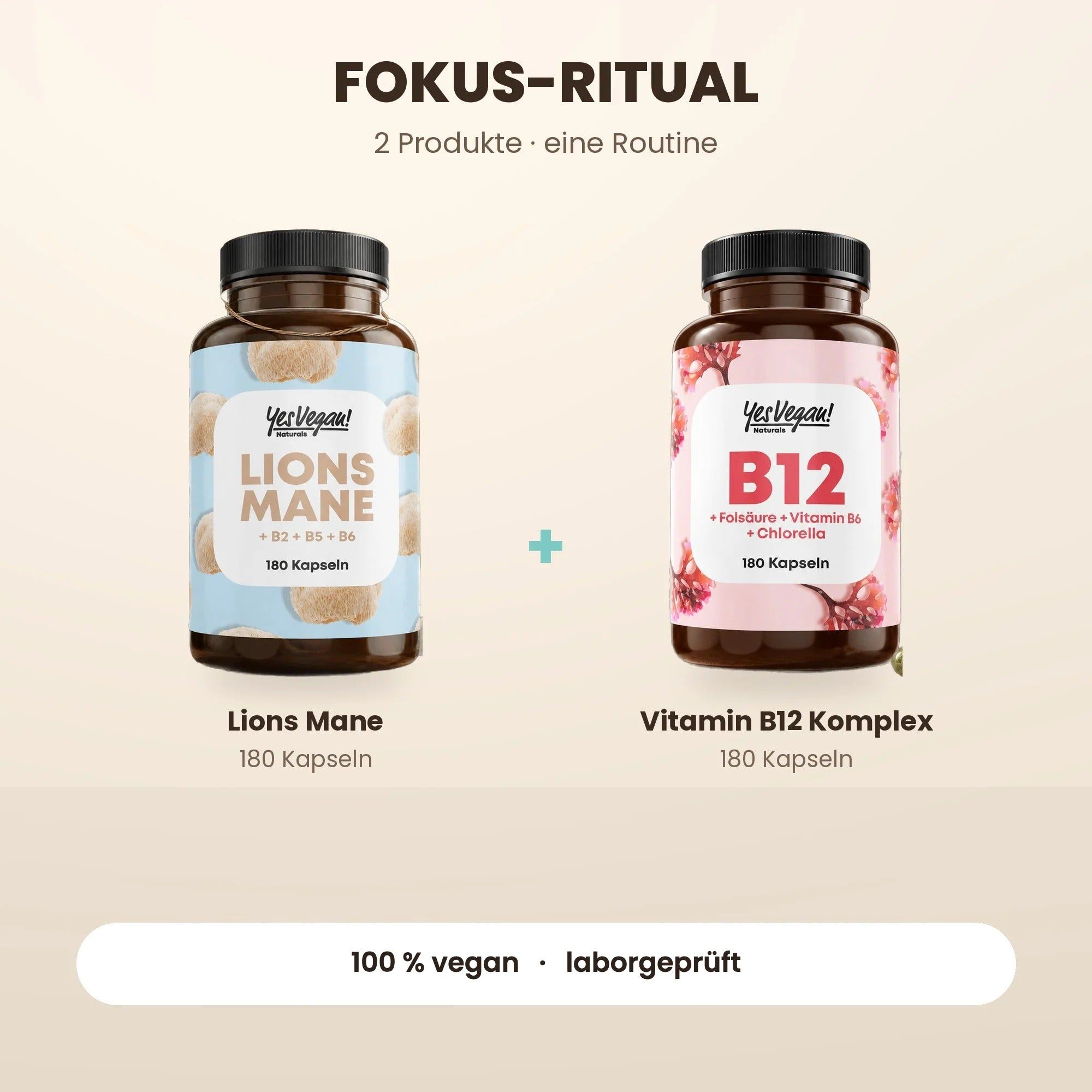 Zwei Flaschen YesVegan! Nahrungsergänzungsmittel: Lions Mane und Vitamin B12 Komplex.