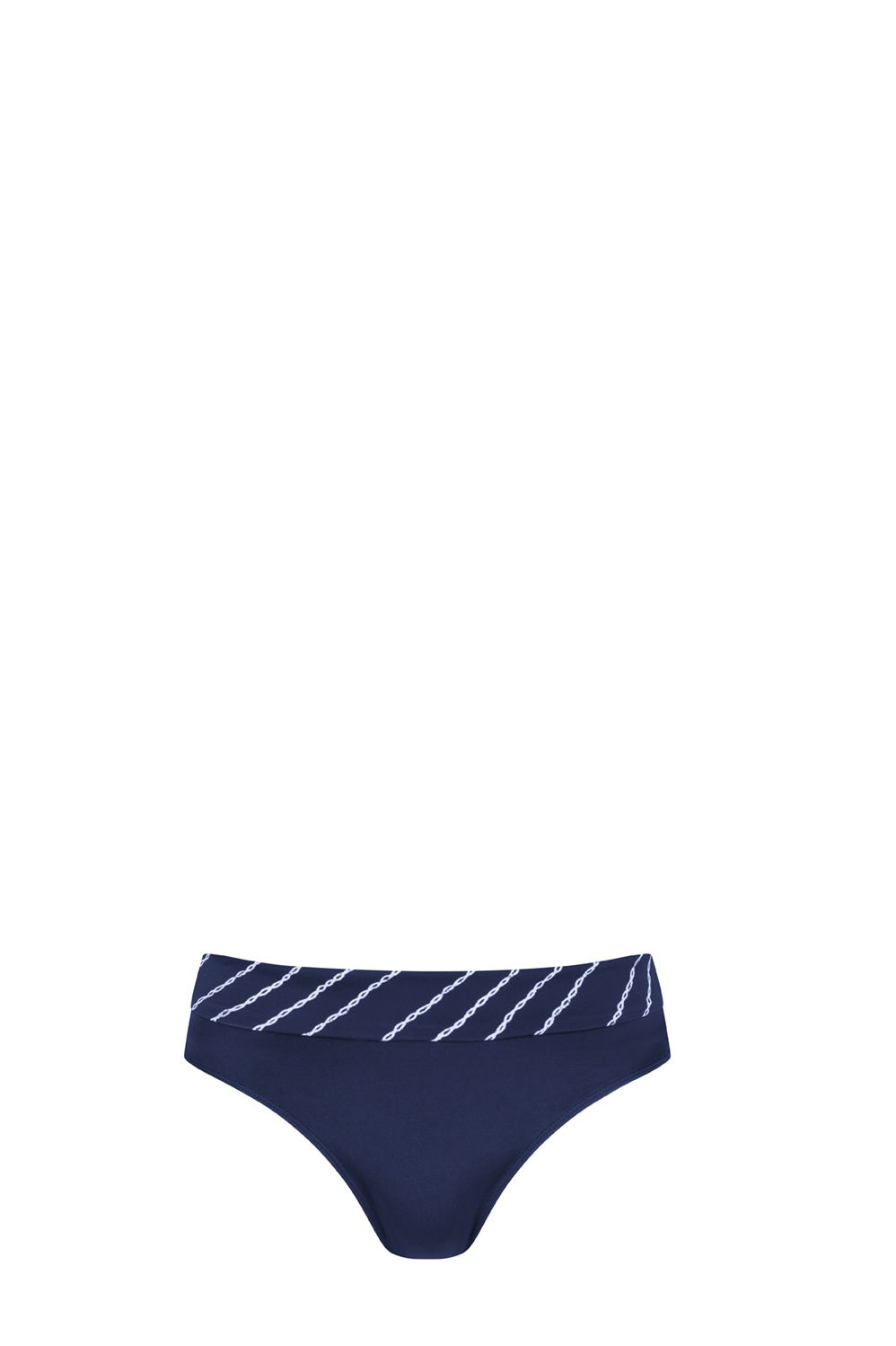 Dunkelblaue Badepanty mit weißem Zickzackmuster am Bund. Blick von vorne, Produkt freigestellt.