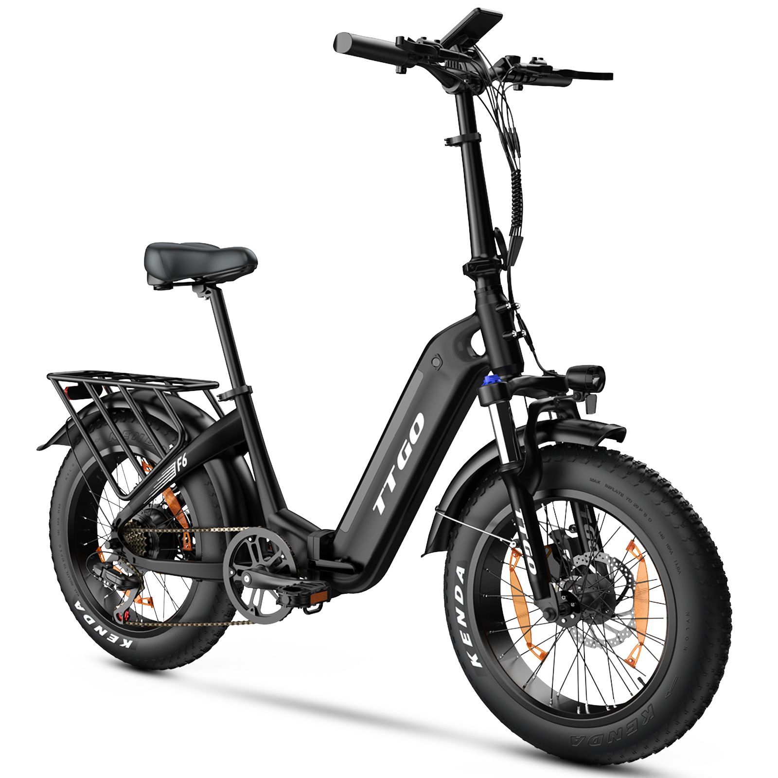 Schwarzes, zusammenklappbares E-Bike. TTGO-Logo sichtbar. Mit breiten Reifen, Gepäckträger und Schutzblechen. Details: Sattel, Pedale, Bremsen.