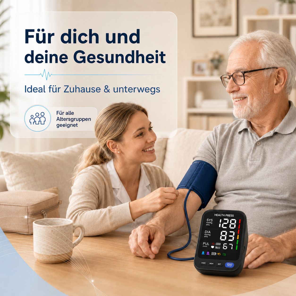 Älterer Mann und junge Frau messen gemeinsam Blutdruck.