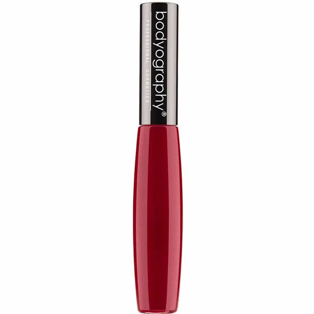 Roter Lipgloss-Behälter mit silbernem Deckel. Auf dem Deckel steht "bodyography PROFESSIONAL COSMETICS".
