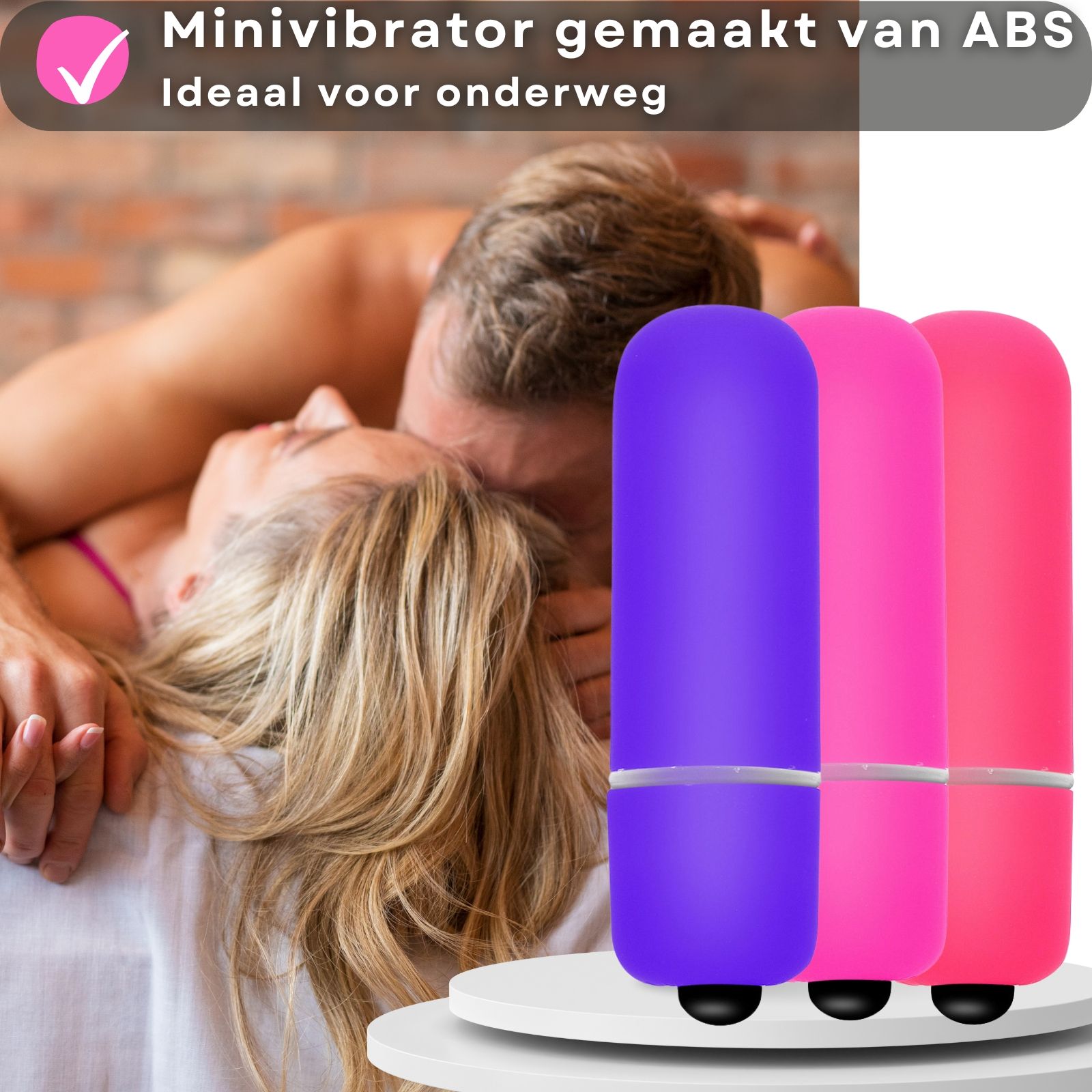 Productafbeelding met tekst. Mini vibrator van ABS, ideaal voor onderweg. 3 vibrators.