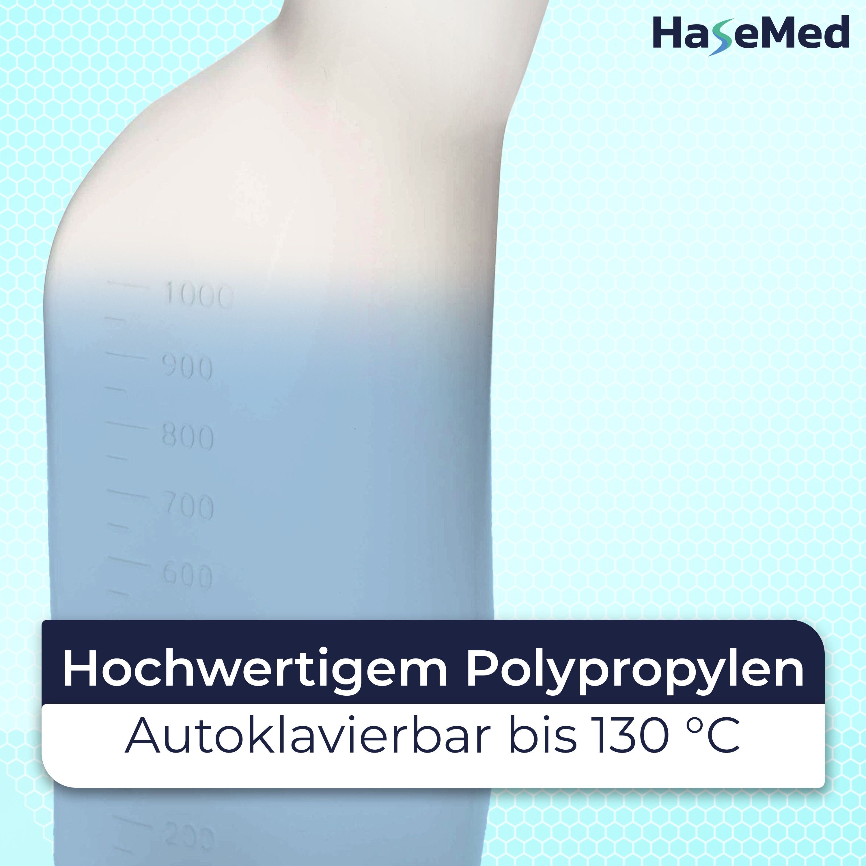 Nahaufnahme der Urinflasche. Hochwertiges Polypropylen. Autoklavierbar bis 130 °C. Marke: HaseMed.