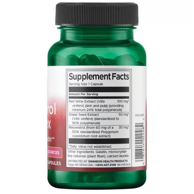 Rückseite der grünen Flasche. Etikett mit Nährwertangaben. Inhaltsstoffe: Rotweinextrakt, Traubenkernextrakt, Resveratrol.