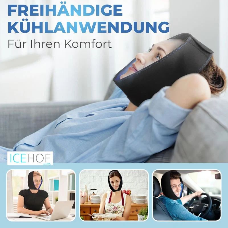 Freihändige Kühlung mit Bandage und Kühlpads für den Kopf.