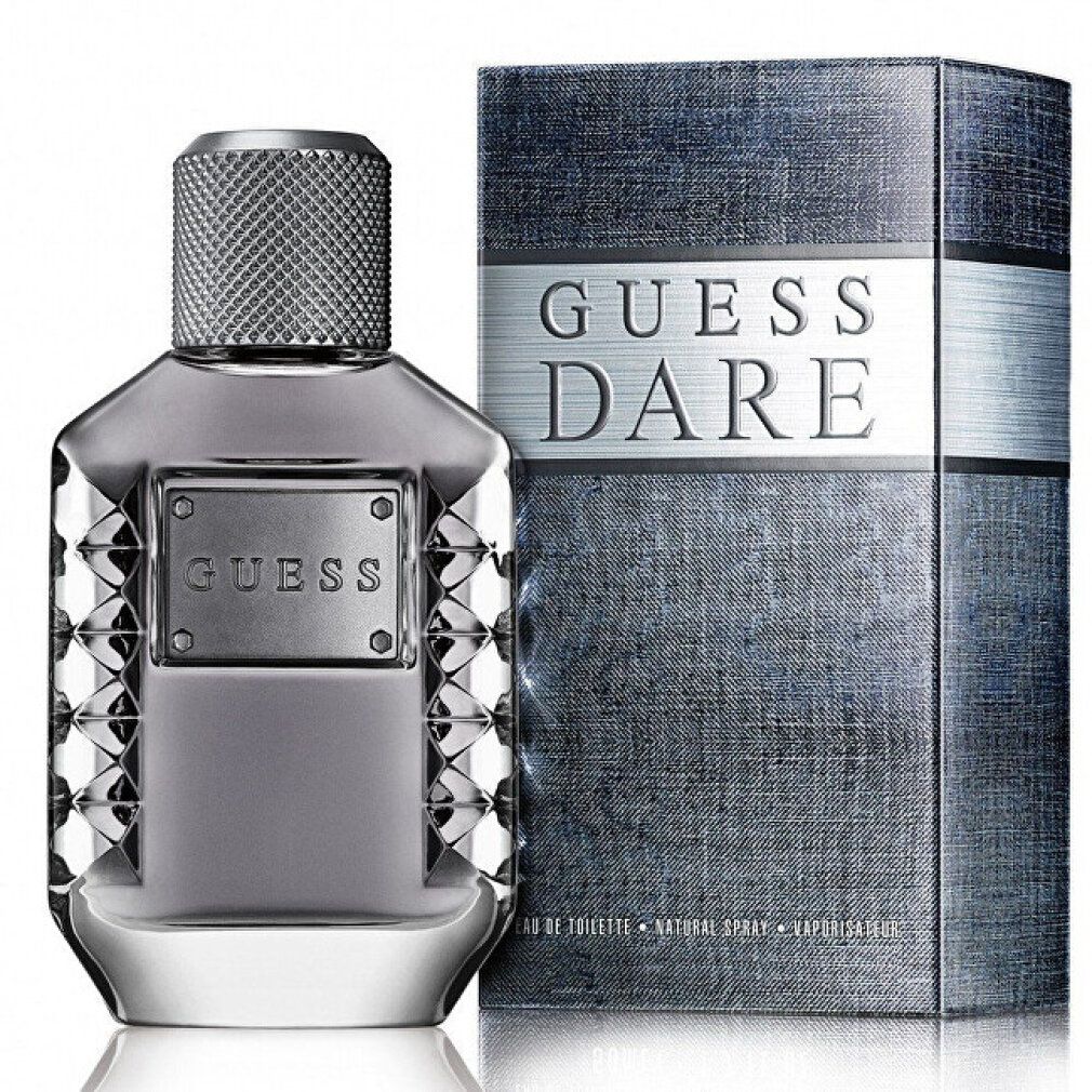 Flakon und Verpackung. Flakon mit silberfarbenem Verschluss und Metallplatte mit "GUESS". Verpackung mit "GUESS DARE".