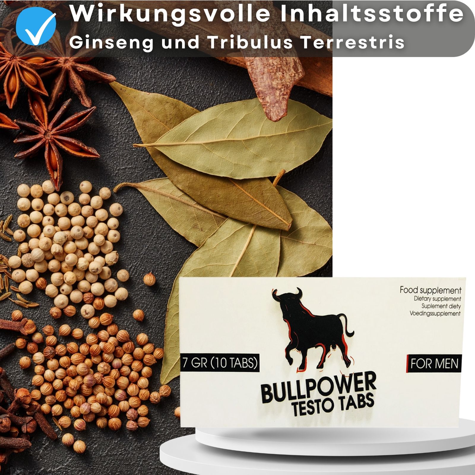 Verschiedene Gewürze und Schachtel mit Aufschrift: Bullpower Testo Tabs, FOR MEN.