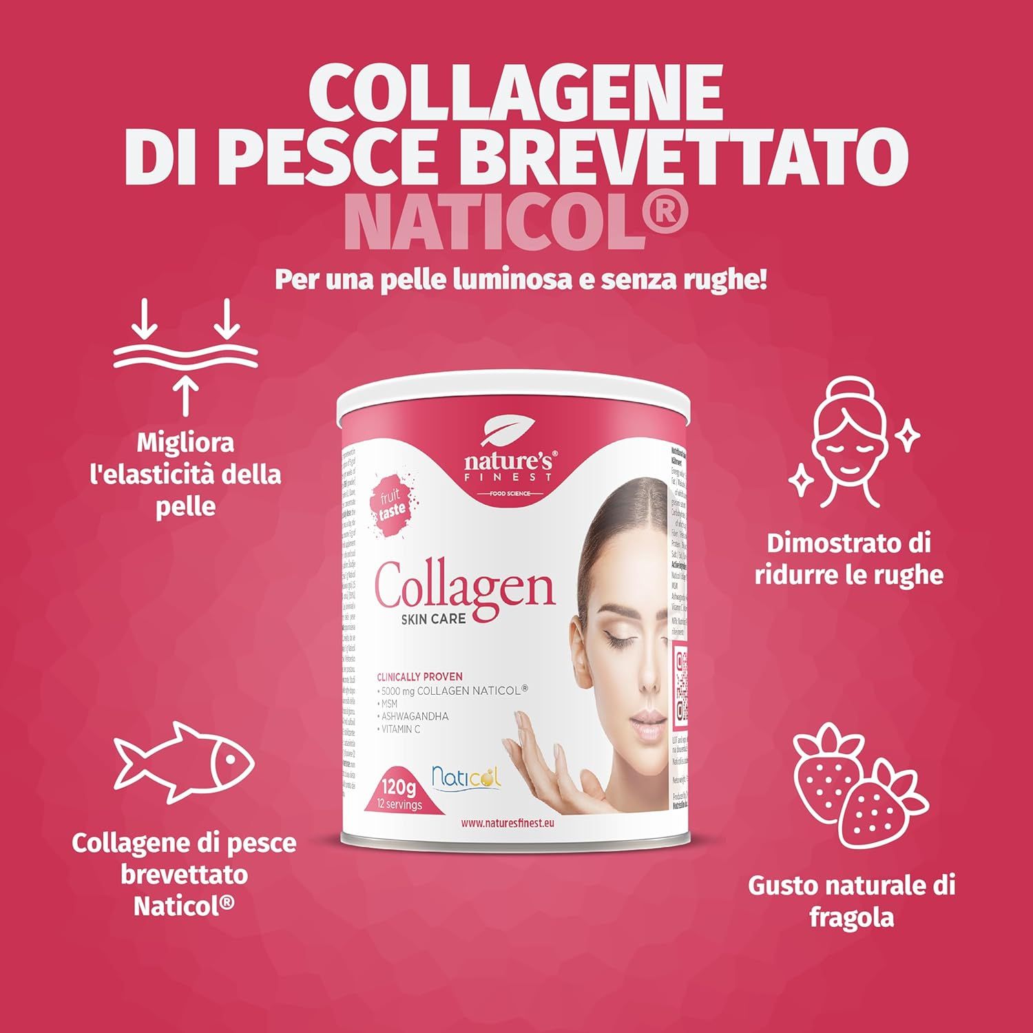 Roter Hintergrund mit Produktabbildung. Text: Kollagen SkinCare, verbessert die Hautelastizität. Natürlicher Erdbeergeschmack.