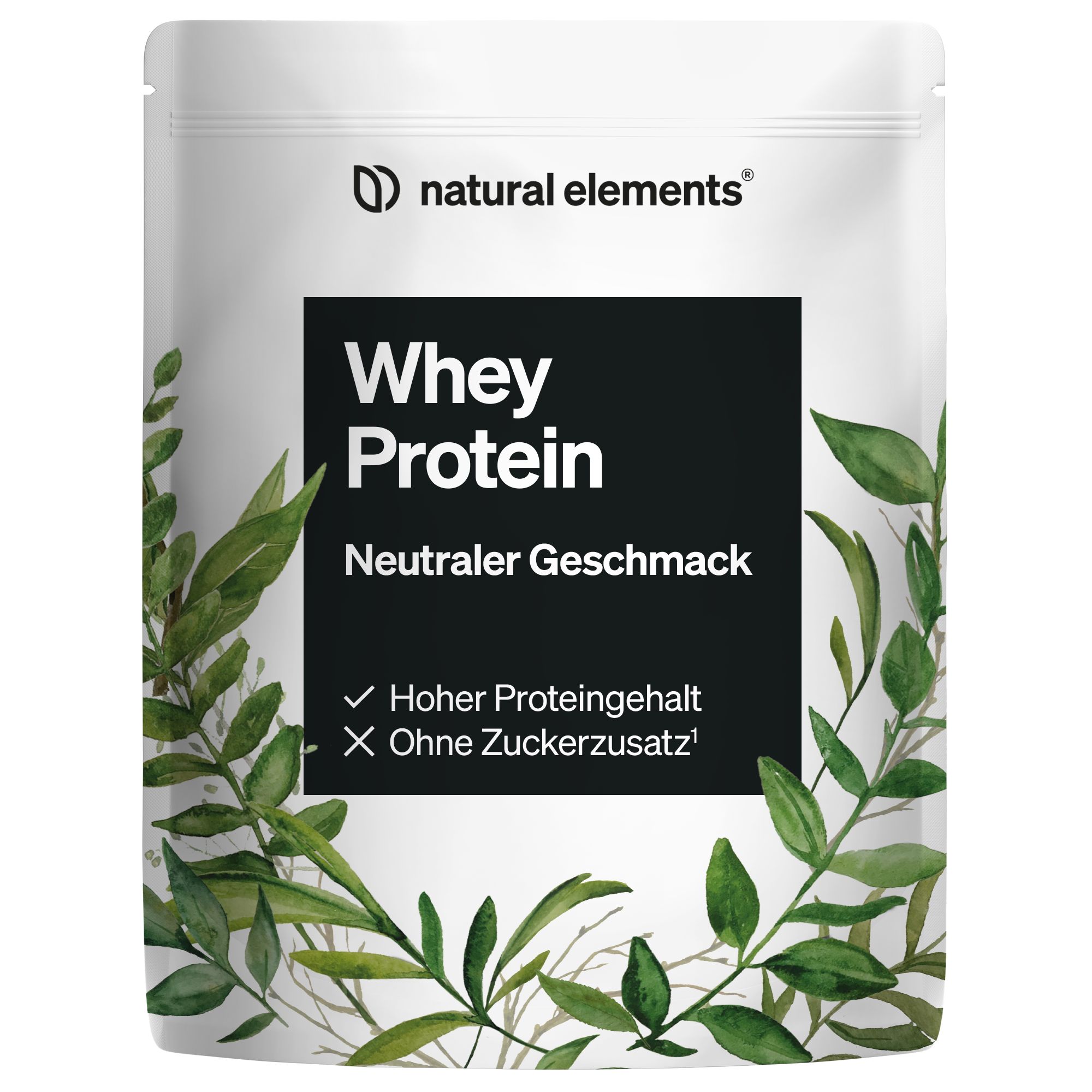 Beutel mit Whey Protein Pulver. Aufschrift: Whey Protein, neutraler Geschmack. Hoher Proteingehalt, ohne Zuckerzusatz. Grüne Blätter als Dekoration.